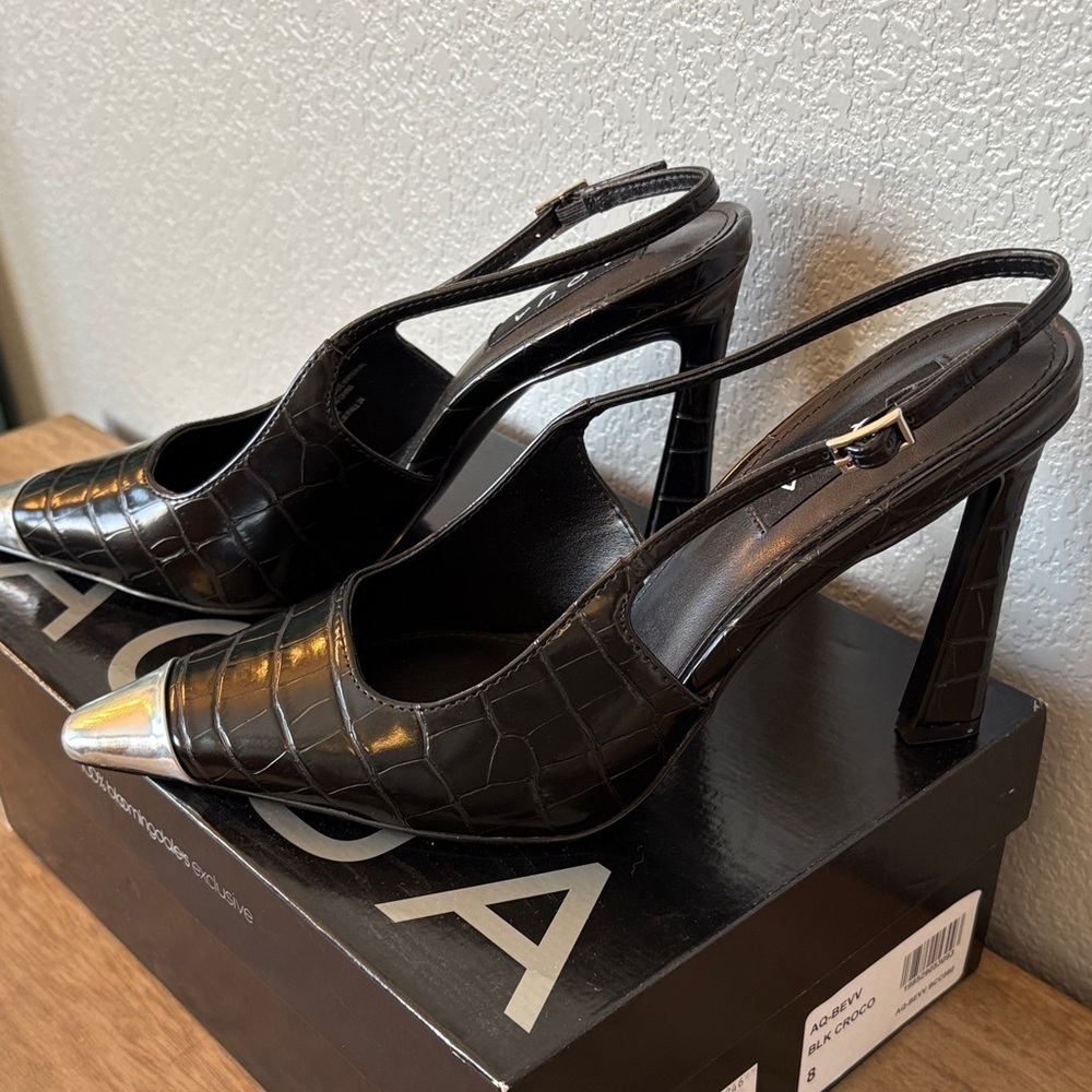 Aqua Black Croc Heels with Metallic Tips - Picture 4 of 7
